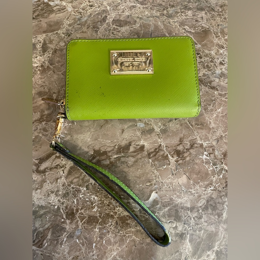 MICHAEL KORS Lime Green Saffiano Leather Zip Compact Wristlet with Gold Hardware